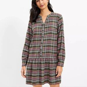 LOFT Women’s Preppy Cute Green Pink Plaid Flounce Ruffle Shirt Dress Sz S